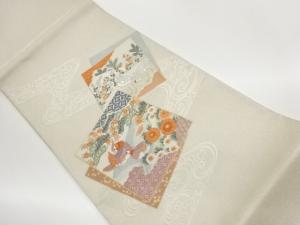 色紙に松・花鳥・流水模様織出し袋帯